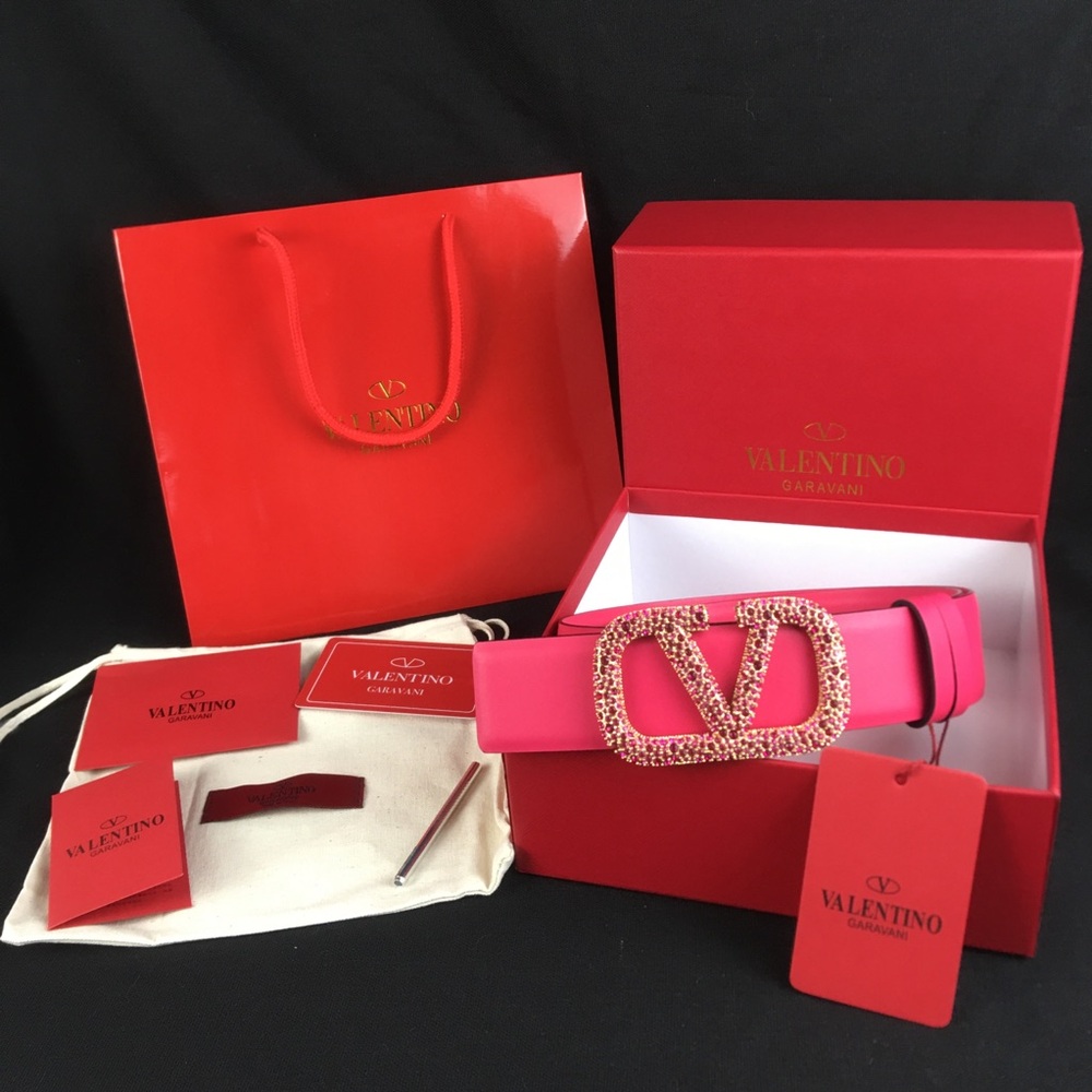 NWOT Valentino Hot Pink Crystal V-Logo Leather Belt